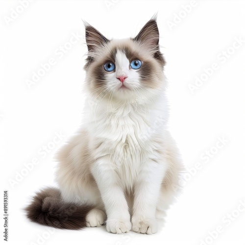 Pretty bicolor Ragdoll cat, sitting up facing front. Looking at camera with dark blue eyes. Isolated on a white background