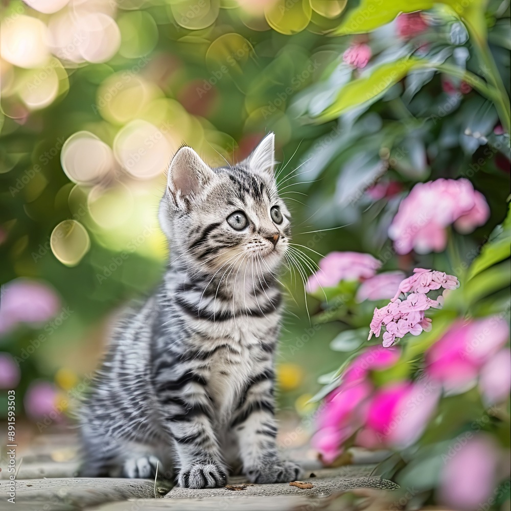 Fototapeta premium Cute American shorthair cat kitten In the garden