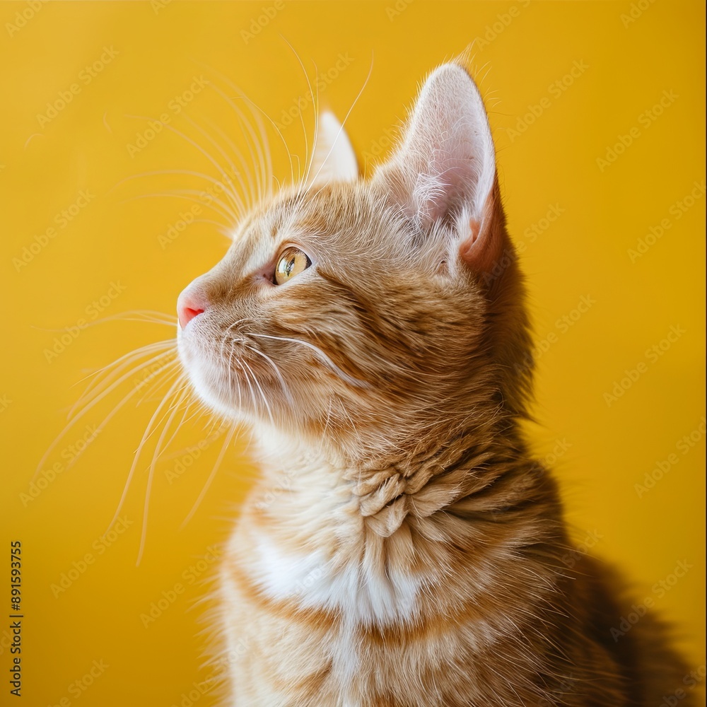 cute orange Munchkin cat looking around with yellow background, concept of pets, domestic animals. Close-up portrait of cat sitting down looking around cute orange Munchkin cat looking around with yellow background, concept of pets, domestic animals. Close-up portrait of cat sitting down looking around
