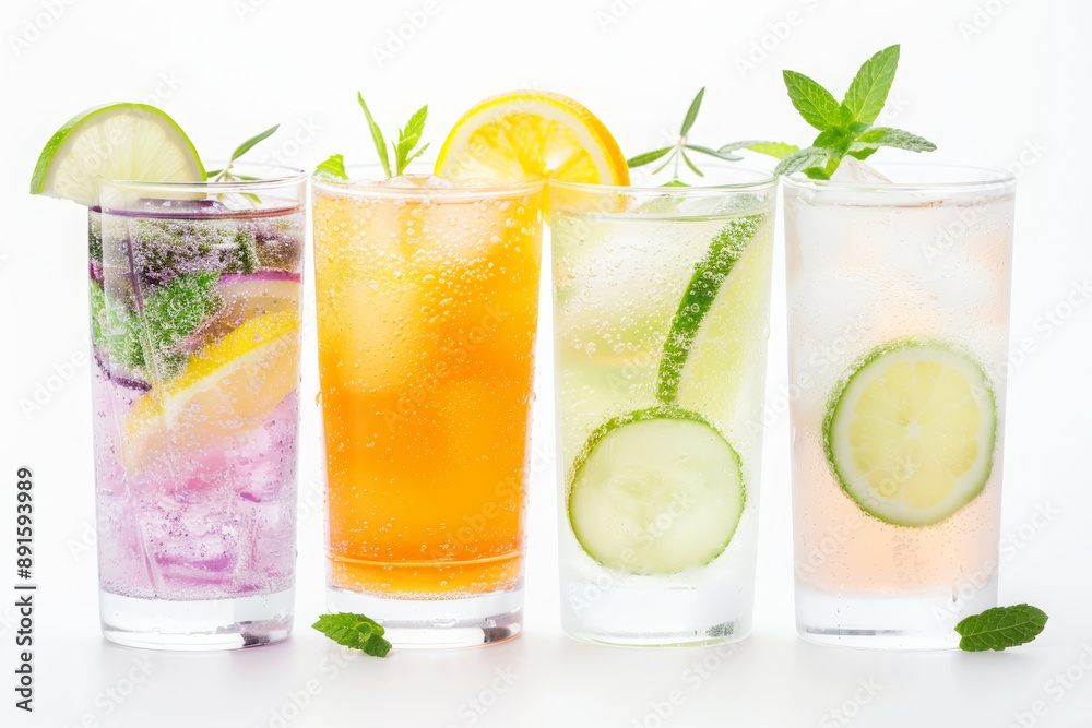 Fototapeta premium 4 glasses of different colorful cocktail drinks with ice, lemon, and other fruit slices and mint leaves on a white background, with , soft light, pastel colors, fresh and natural, vibrant colors...