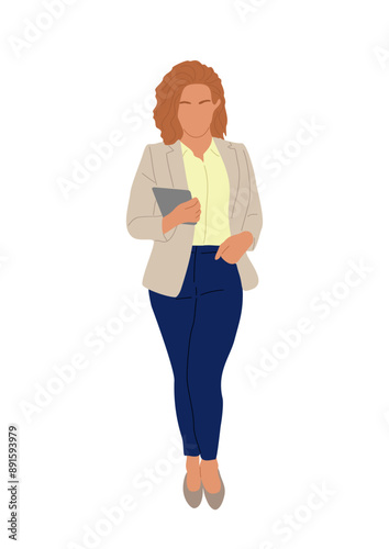 Business woman working with digital tablet. Pretty lady wearing smart casual office outfit standing with device. Vector realistic illustration isolated on transparent background.