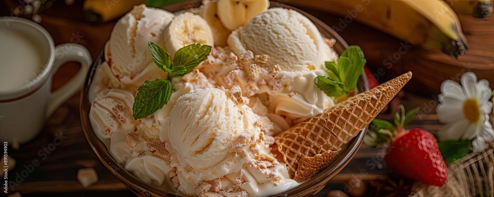Delicious banana sundae with vanilla ice cream, waffle cone, fresh strawberry, and mint leaves, perfect for summer desserts. Delicious banana sundae with vanilla ice cream, waffle cone, fresh strawberry, and mint leaves, perfect for summer desserts.
