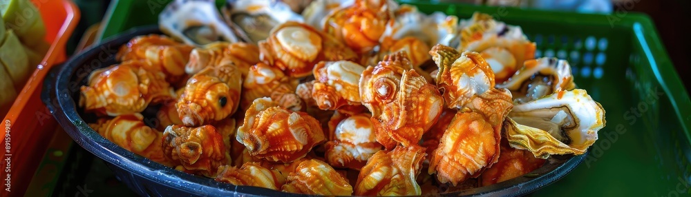 Freshly harvested sea snails are displayed in a market basket, ready to be sold and enjoyed as a delicious seafood delicacy. Freshly harvested sea snails are displayed in a market basket, ready to be sold and enjoyed as a delicious seafood delicacy.