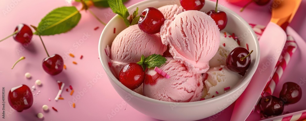 Delicious cherry ice cream scoops with fresh cherries in a pink bowl on a pink background, garnished with mint leaves. Delicious cherry ice cream scoops with fresh cherries in a pink bowl on a pink background, garnished with mint leaves.
