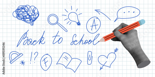 Halftone hand writing Back to School on checkered sheet. Modern collage. Simple set of doodles with school supplies. Trendy newspaper elements. Knowledge concept