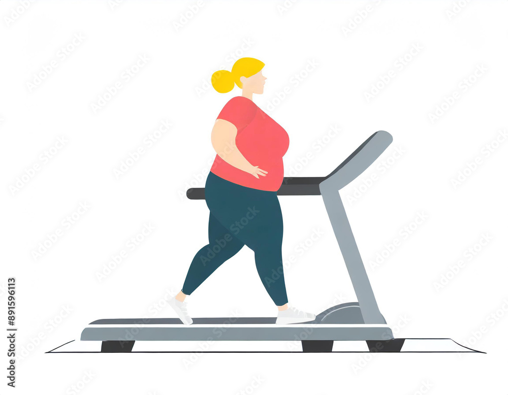 Naklejka premium Otyła kobieta na bieżni ilustracja