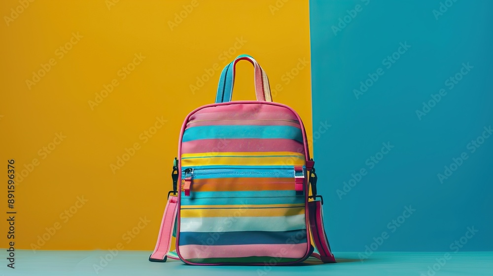 Back to school. Backpack with different colorful stationery on table. School bag and colorful background. High quality AI generated image