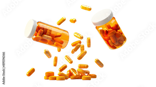 Falling Prescription Pill Bottles Isolated on White Background