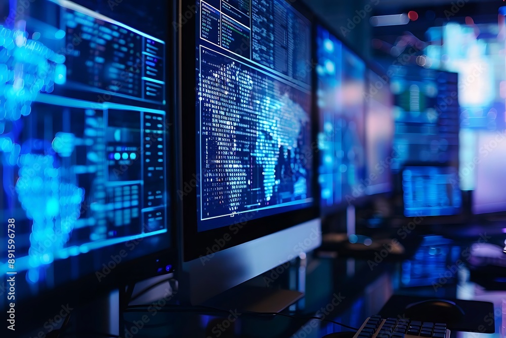 Blue Screen Monitors With World Map Digital Data - Realistic Photo Blue Screen Monitors With World Map Digital Data - Realistic Photo
