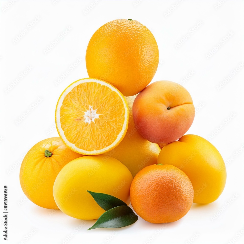 Sammlung von gelben und orangefarbenen Früchten in einem Stapel, Orangen, Aprikosen, Grapefruit, Papaya, Pfirsich, Mango, auf weißem Hintergrund freigestellt Sammlung von gelben und orangefarbenen Früchten in einem Stapel, Orangen, Aprikosen, Grapefruit, Papaya, Pfirsich, Mango, auf weißem Hintergrund freigestellt