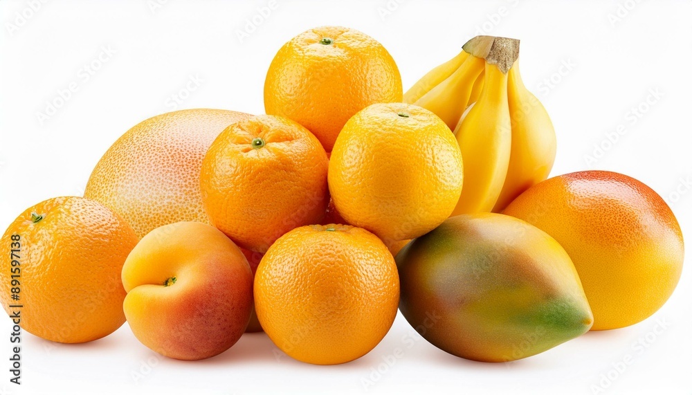 Sammlung von gelben und orangefarbenen Früchten in einem Stapel, Orangen, Aprikosen, Grapefruit, Papaya, Pfirsich, Mango, auf weißem Hintergrund freigestellt Sammlung von gelben und orangefarbenen Früchten in einem Stapel, Orangen, Aprikosen, Grapefruit, Papaya, Pfirsich, Mango, auf weißem Hintergrund freigestellt