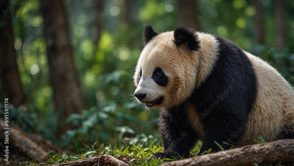 Fototapeta premium a little panda animal in forest,hdr