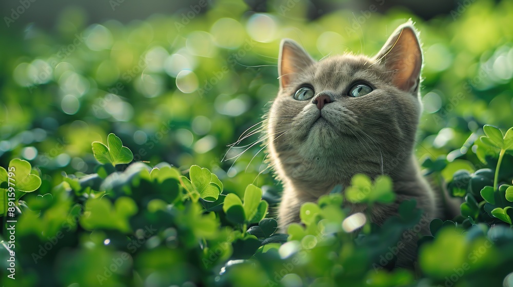 Cute British Shorthair cat, adorned in St. Patrick's Day attire, frolics amidst a backdrop of festive celebration. Cute British Shorthair cat, adorned in St. Patrick's Day attire, frolics amidst a backdrop of festive celebration.
