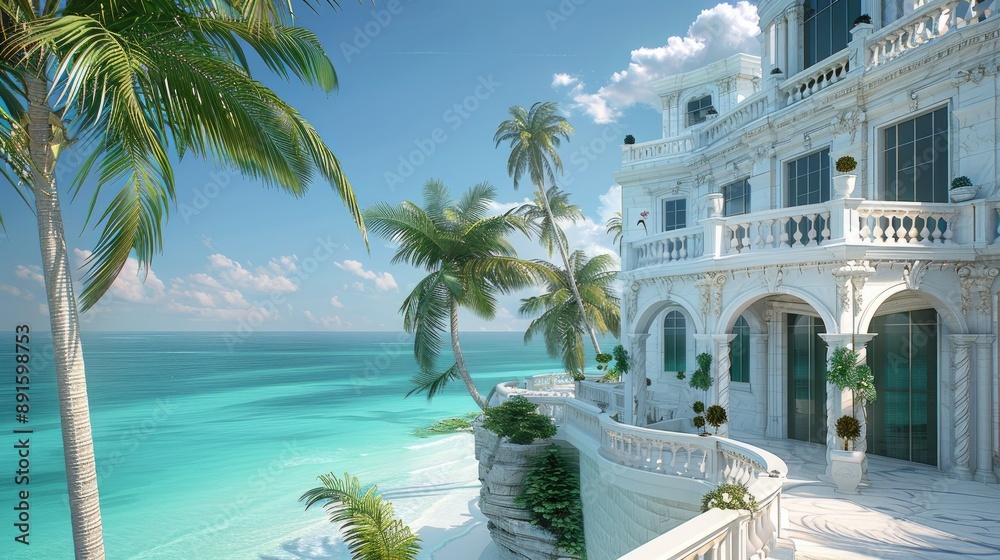 Fototapeta premium An opulent coastal villa with white marble walls and expansive balconies overlooking the turquoise ocean