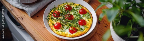 A delicious frittata with cherry tomatoes, fresh herbs, and greens served on a white plate, perfect for a healthy breakfast or brunch.