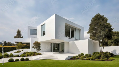 Cube house with a white exterior and geometric landscaping © ShadabAsg