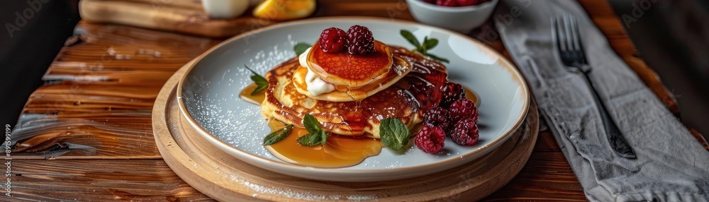 Delicious pancakes served with fresh berries and maple syrup on a rustic wooden table. Perfect breakfast setting with natural light. Delicious pancakes served with fresh berries and maple syrup on a rustic wooden table. Perfect breakfast setting with natural light.
