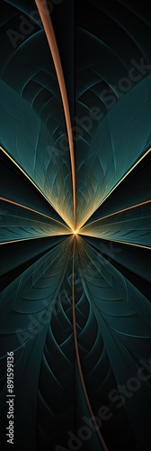 Minimalist mathematics: Copper leaf hyperbola and parabola patterns on textured dark-teal paper with kaleidoscopic effects, ai generated