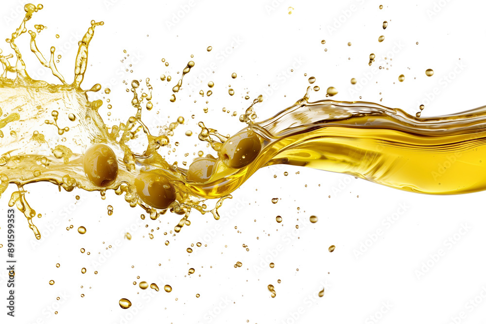 Dynamic splash of golden olive oil with olives in mid-air isolated on background Dynamic splash of golden olive oil with olives in mid-air isolated on background