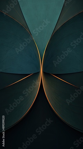 Minimalist mathematics: Copper leaf hyperbola and parabola patterns on textured dark-teal paper with kaleidoscopic effects, ai generated