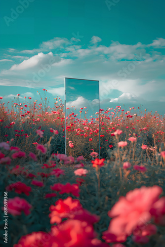 A mirror sits in a surreal field of red flowers