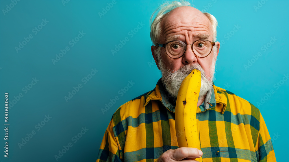 The concept of male potency problems. Sad middle-aged man holding an old withered banana The concept of male potency problems. Sad middle-aged man holding an old withered banana