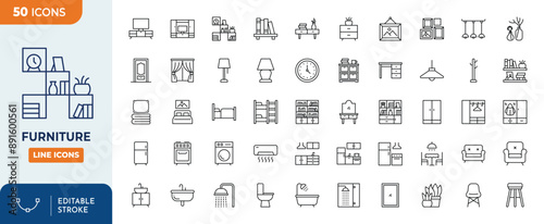 Furniture line editable icon set. Contain icons related to Interior, furniture, wardobe, chair, sofa, desk, and more. Editable stroke. Vector illustration	