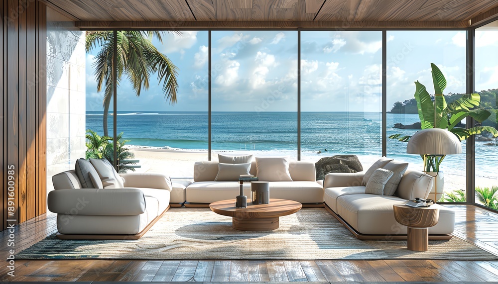 Fototapeta premium Tropical living room with sofa, armchair, coffee table, panoramic sea view window, luxury modern beach house interior, 3D rendering