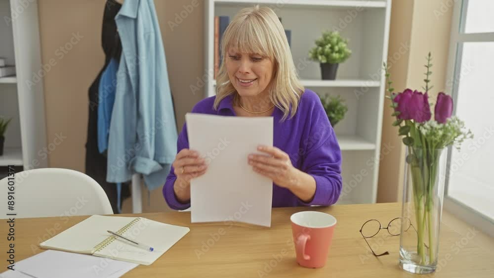 A smiling caucasian woman reads a document indoors at home, surrounded by flowers, glasses, and a notebook.