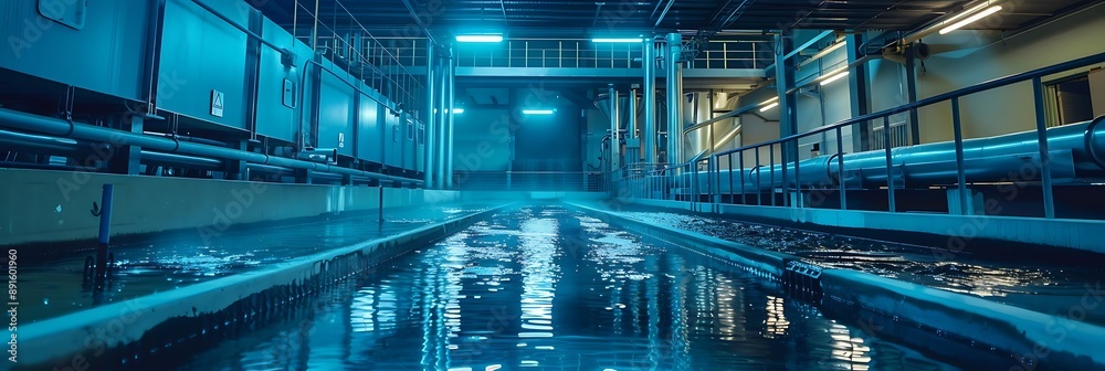Blue Water Flowing Through Industrial Facility - Realistic Image Blue Water Flowing Through Industrial Facility - Realistic Image