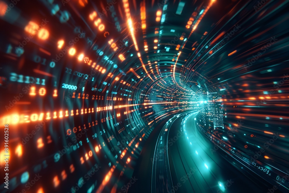 Digital data stream of numbers and letters in the dark tunnel with glow, futuristic background for technology concept Digital data stream of numbers and letters in the dark tunnel with glow, futuristic background for technology concept