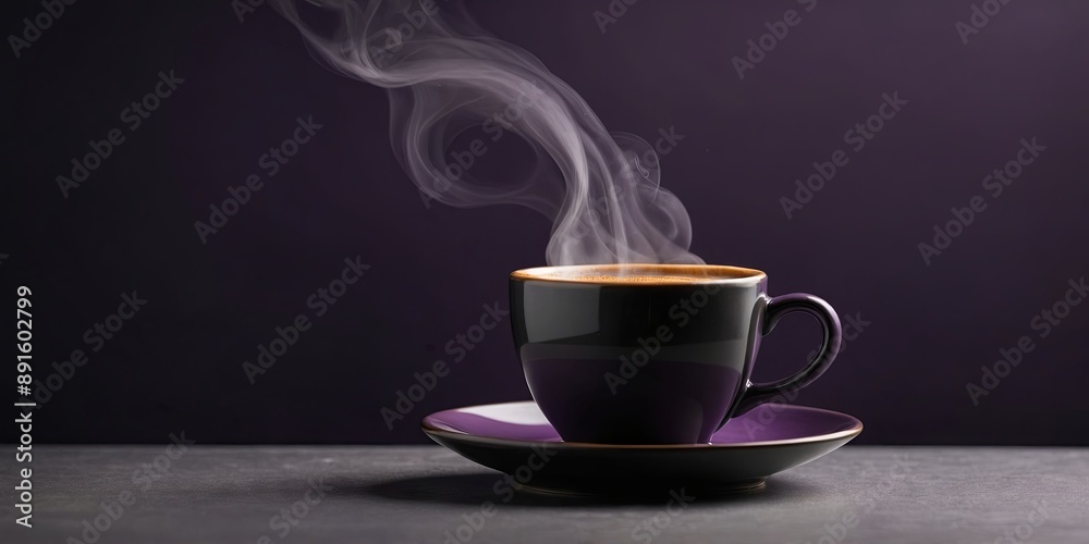 Cup of hot coffee with steam rising, presented on a matching saucer over a smooth purple background, creating a calm and monochromatic aesthetic perfect for design and culinary themes. Cup of hot coffee with steam rising, presented on a matching saucer over a smooth purple background, creating a calm and monochromatic aesthetic perfect for design and culinary themes.