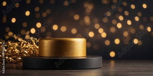 Empty dark pedestal with golden shiny lights, festive background Modern product display Minimal mockup vertical template. photo