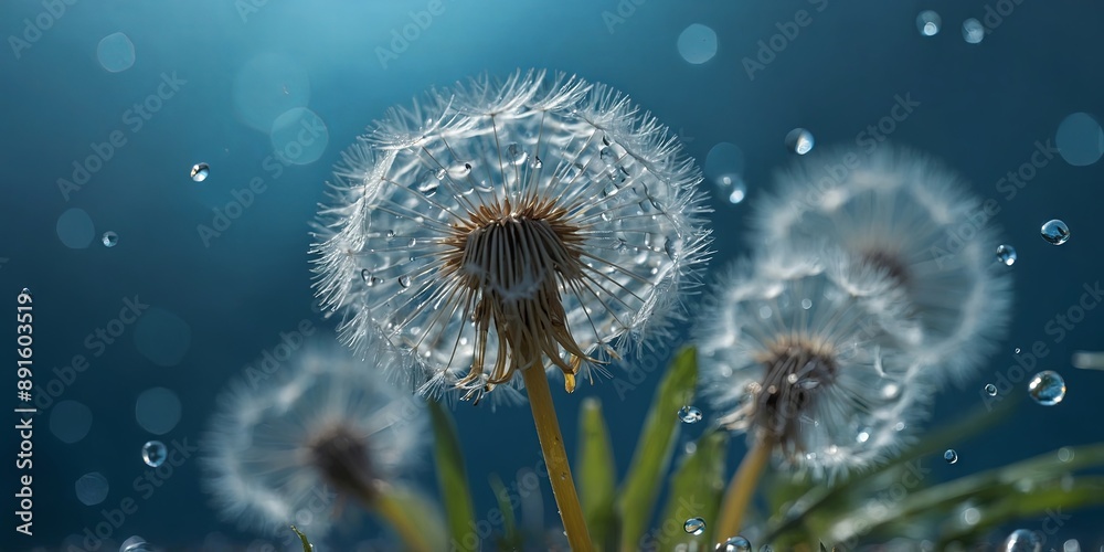 Obraz premium Dandelion Seeds in droplets of water on blue and turquoise beautiful background with soft focus in nature macro Drops of dew sparkle on dandelion in rays of light.