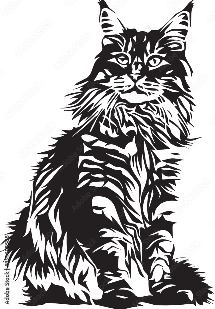 Obraz premium black and white maine coon cat illustration