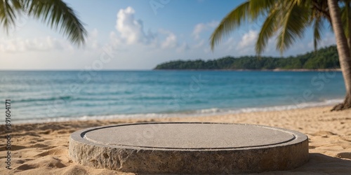 Empty stone round podium and blur background of the tropical beach.