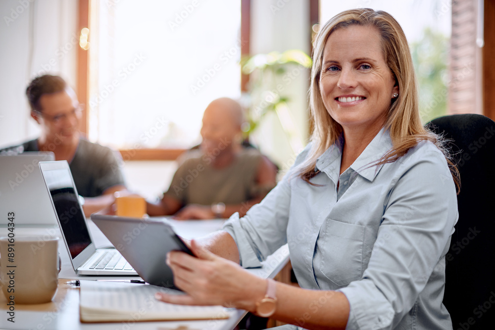 Woman, tablet and portrait in workplace for social media, email and online for research or job. Technology, human resources and management in office for career, meeting and internet or digital app Woman, tablet and portrait in workplace for social media, email and online for research or job. Technology, human resources and management in office for career, meeting and internet or digital app