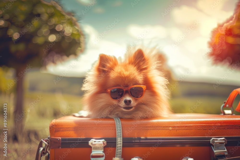 Fototapeta Pomeranian dog wearing sunglasses on an orange suitcase. Summer vacation and travel concept