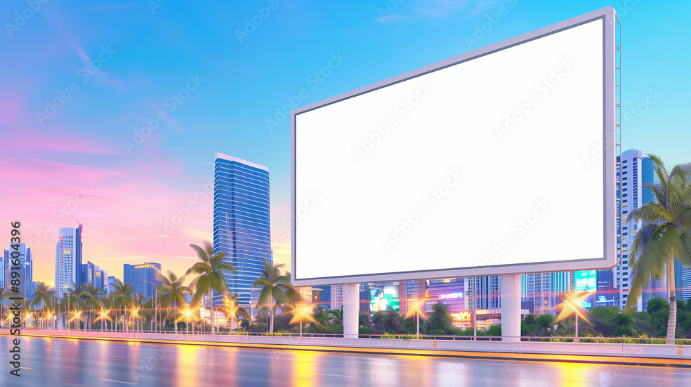 Blank Billboard in Urban Cityscape with Palm Trees at Sunset. Vibrant Night Lights and Modern Skyscrapers Behind. Ideal for Advertisement and Marketing Promotions Blank Billboard in Urban Cityscape with Palm Trees at Sunset. Vibrant Night Lights and Modern Skyscrapers Behind. Ideal for Advertisement and Marketing Promotions