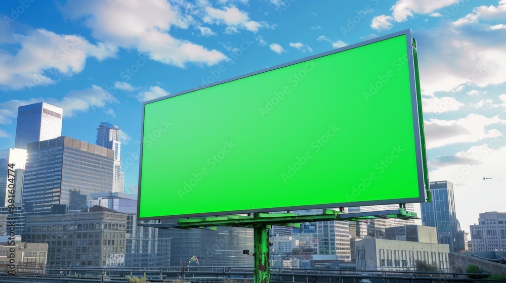 Fototapeta premium Large green screen billboard in cityscape with skyscrapers