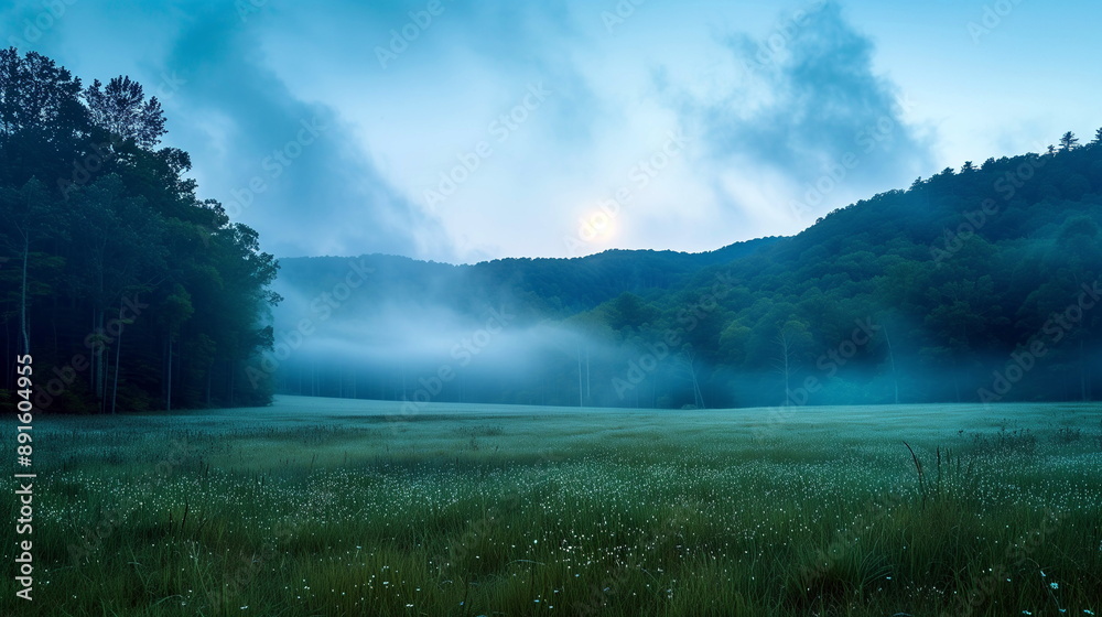 Ethereal fog enveloping a meadow at twilight with a hint of the moon Ethereal fog enveloping a meadow at twilight with a hint of the moon