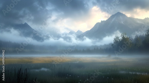 A meadow shrouded in fog with a distant silhouette of mountains