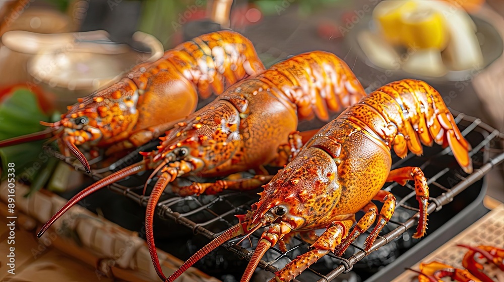 Three grilled lobsters on a BBQ grill with a blurred background of lemon slices and side dishes, capturing a delicious seafood meal. Three grilled lobsters on a BBQ grill with a blurred background of lemon slices and side dishes, capturing a delicious seafood meal.