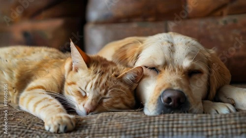 Wallpaper Mural close up, cat and dog together lying. Torontodigital.ca