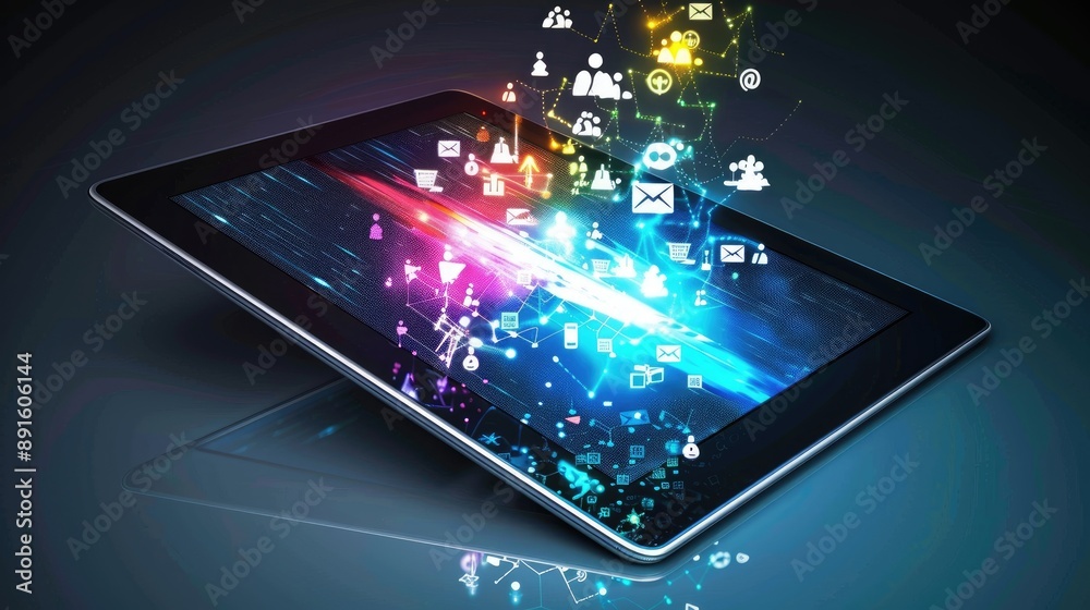 Side view of a tablet PC in use, with icons representing the digital economy and online education. Side view of a tablet PC in use, with icons representing the digital economy and online education.