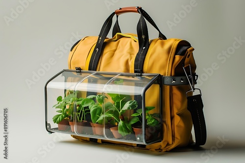 A school bag with a miniature greenhouse on the side for cultivating plants. photo