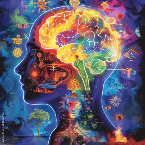 Neon digital illustration of the human brain vibrant neural connections