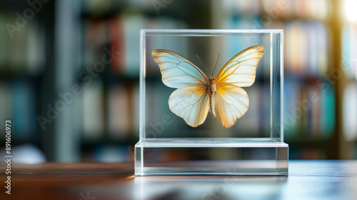 Close-up of a preserved butterfly in a glass display case with a blurred library background photo