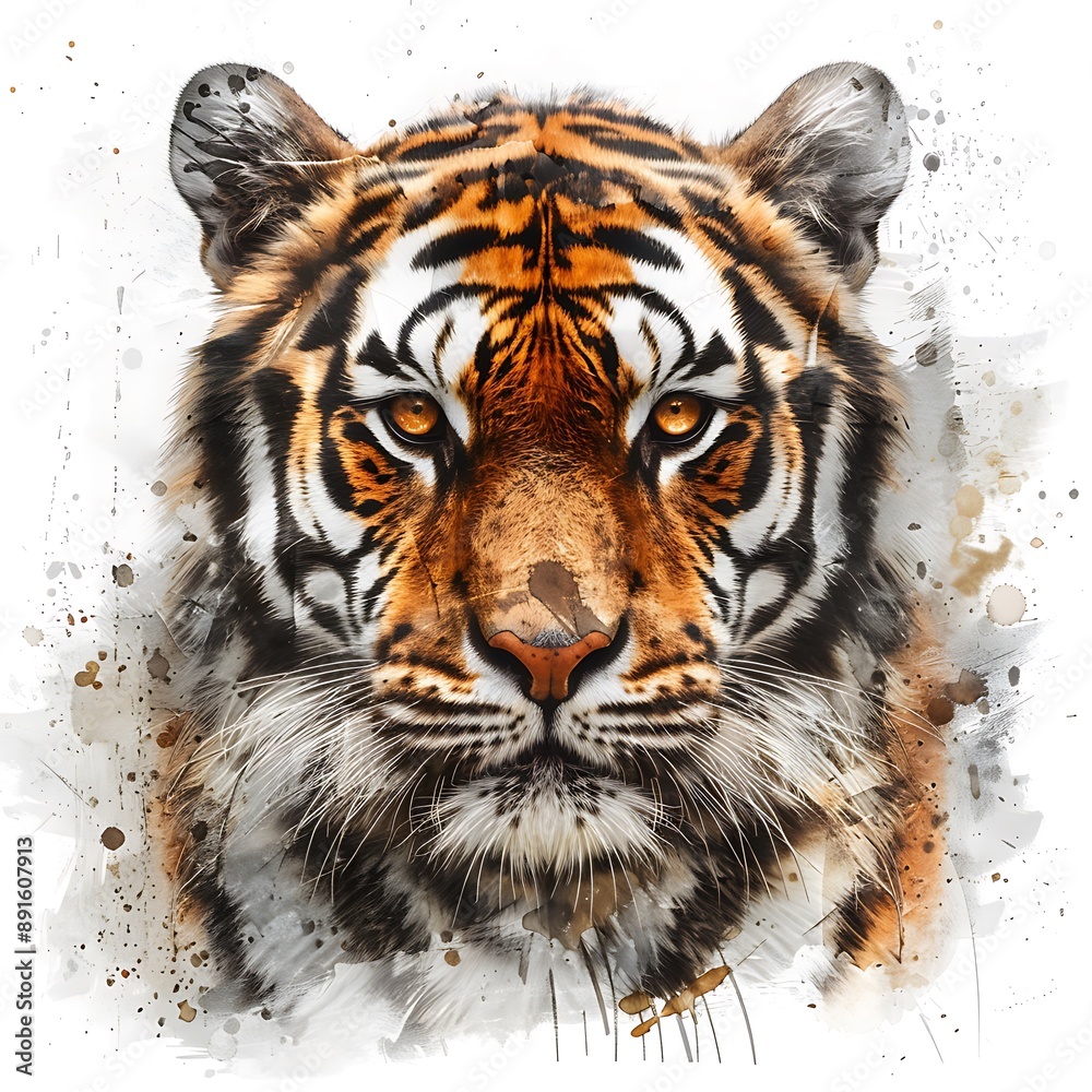 Fototapeta premium Watercolor Portrait of a Tiger with Intense Eyes.