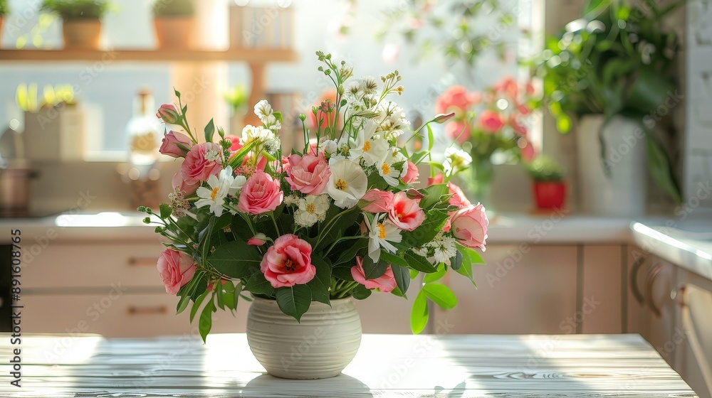Arranging a bouquet of fresh flowers in a bright kitchen Arranging a bouquet of fresh flowers in a bright kitchen
